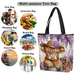 Purple Lavender Highland Cow Sunflower Canvas Tote Bag, Zippered Women’s Travel
