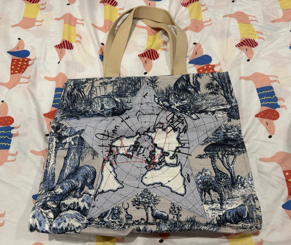 Dior Beauty Toile de Jouy Reusable Shopping Tote Bag Double Handles Beige/Blue