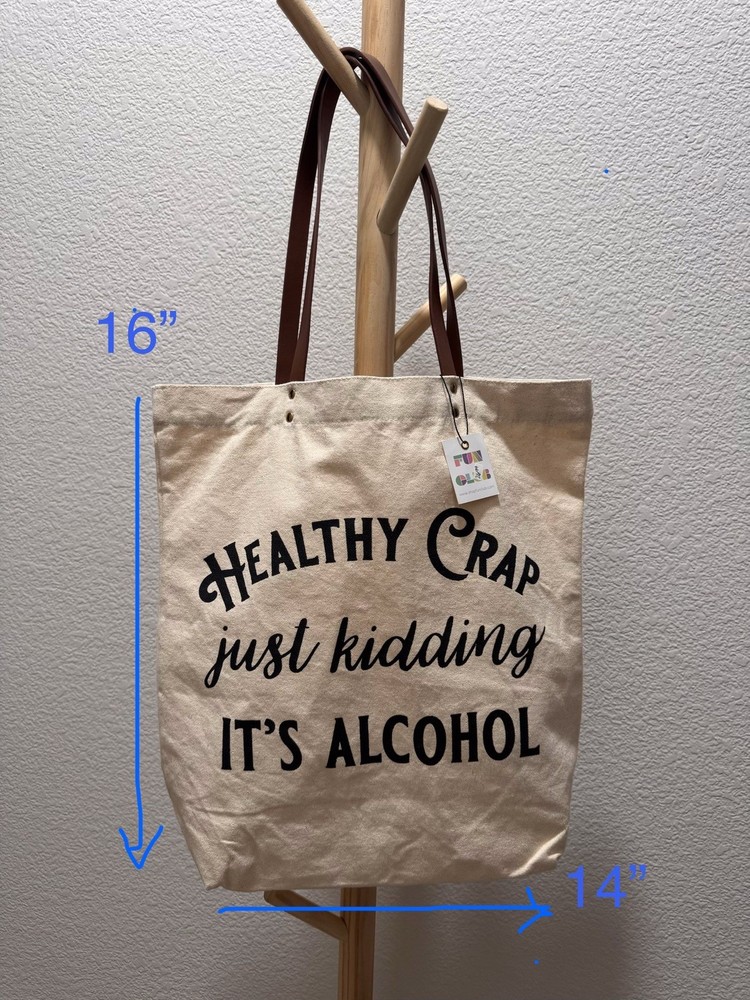 Fun Canvas Reusable Tote. Faux Leather Straps. Reusable. 16x14x3in
