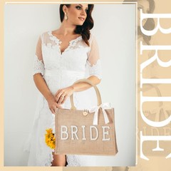 Wedding Bride Bag Natural Jute Tote with Ribbon Bride Gift Bag with Handle fo…