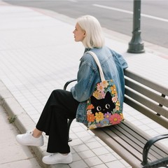 Black Cat Canvas Tote Bag – Vintage Flora & Cute Cat Print Canvas Bag with Ma…