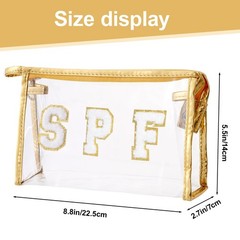 Hmxpls Clear Preppy Patch Makeup Bag, SPF Chenille Letter Bag for Beach, Gold
