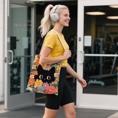 Black Cat Canvas Tote Bag – Vintage Flora & Cute Cat Print Canvas Bag with Ma…