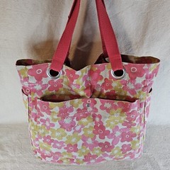 Canvas Tote Bag Floral Pink Yellow Pockets Hippie Boho Mod Beach Shopping Casual