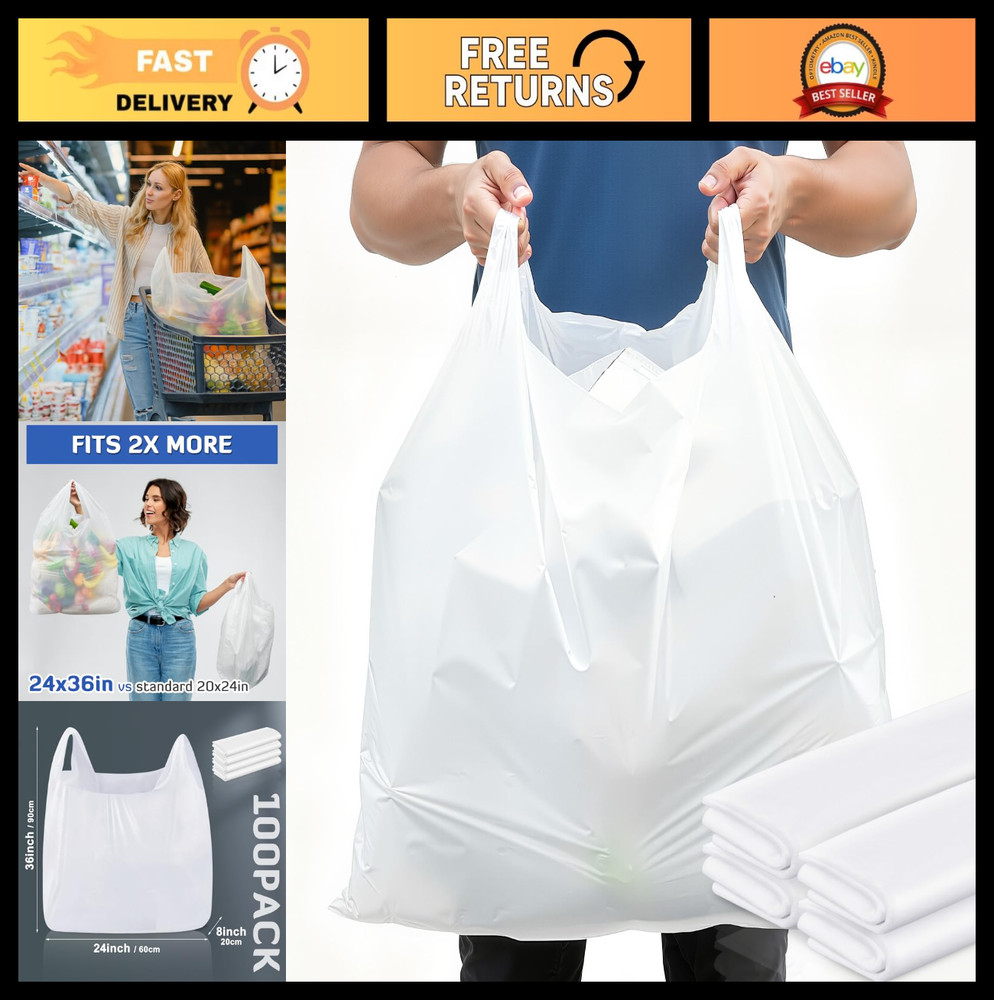 100 Pack Extra Large 36″x24″x8″ White Plastic Shopping Bags – Heavy Duty Reusabl