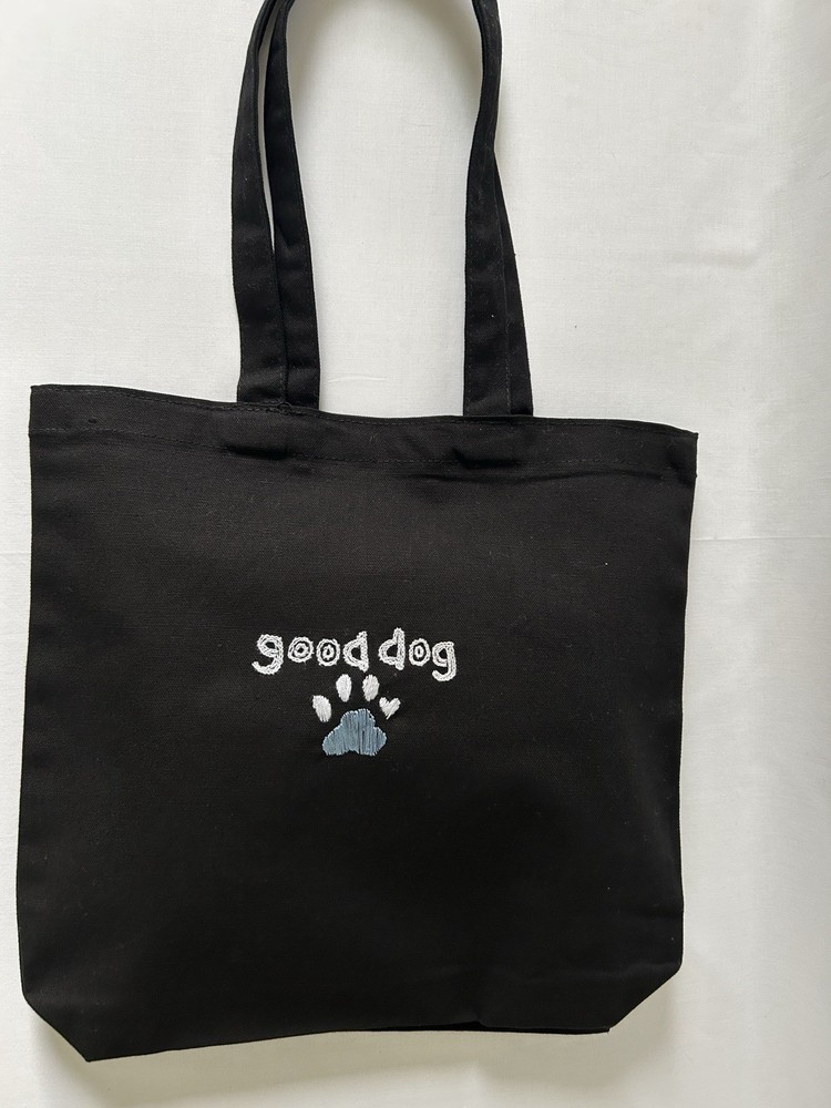 Hand Embroidered Good Dog Paw Print Black Tote Bag Cotton Canvas Reusable