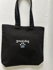 Hand Embroidered Good Dog Paw Print Black Tote Bag Cotton Canvas Reusable