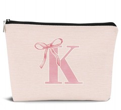 Dejfel Initial Coquette Pink Bow Makeup Bag,initial K Personalized Teen pinkK