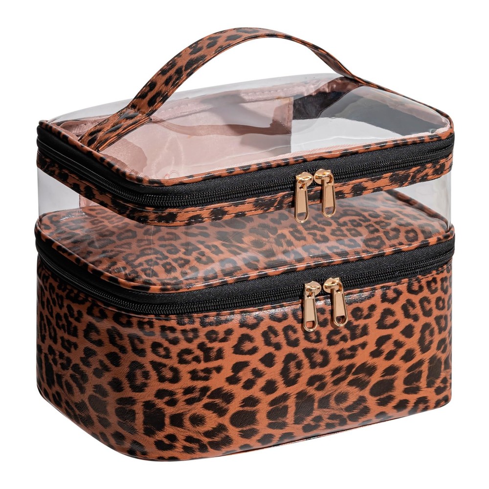 Large Makeup Bag with Brush Storage, Double Layer Cosmetic Bags for Leopard