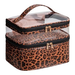 Large Makeup Bag with Brush Storage, Double Layer Cosmetic Bags for Leopard