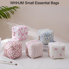 WHHJM Cube Cosmetic Makeup Bag Small Cotton Quilted Yellow Floral