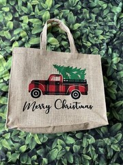 New Country Farmhouse Rustic VINTAGE RED TRUCK MERRY CHRISTMAS Burlap Tote Bag