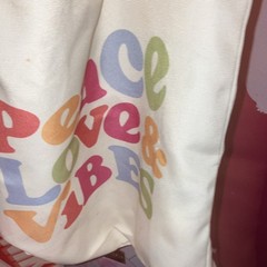 Peace Love & Vibes Reusable Tote Shopping Bag, Cream Multicolor Graphic, M