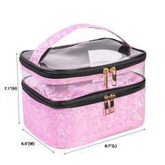 3 Pieces Makeup Bags Double Layer Travel Large Light Pink Holographic