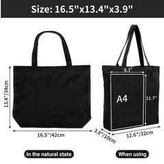 Black Canvas Tote Bag, 3 Packs 16×15 inch Canvas Bags with Zipper, 12Oz Heavy…