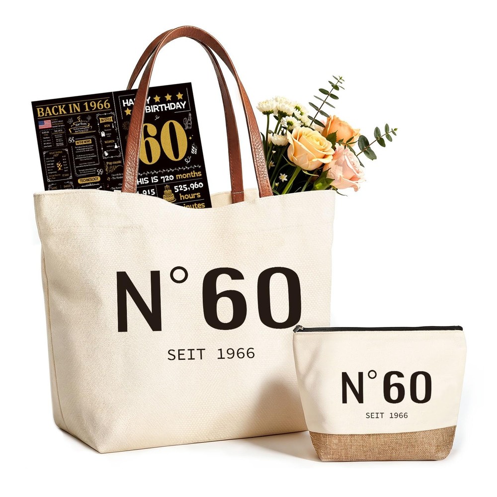 60th Gifts for , Gift Basket Set with Canvas Tote Bag & Makeup Bag, 1966 Birt…