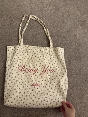 Beige Floral Tote Bag “Being You” Zipper & Inner Pockets Blue/Red