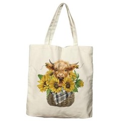 Sunflower Highland Cow Canvas Tote Bag For Women Aesthetic Shopping Grocery