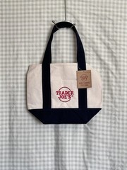 Trader Joe’s Small Foldable Canvas Tote Bag Beige Navy Solid Mini Shopping