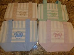 (4) .. Trader Joe’s Striped Mini Canvas Tote Bags .. Blue, Green, Pink, Tan