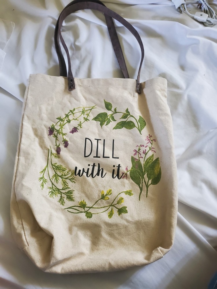 Reusable Cotton tote-PVC handles- machine washable-approx 14 x 15 x 4-Dill :)