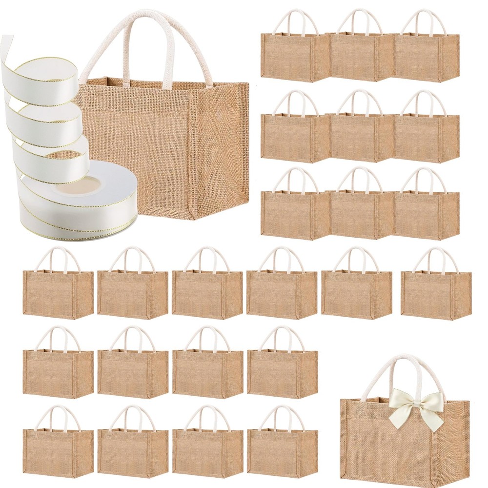 24 Pcs Burlap Tote Bag Mini Jute Reusable Waterproof Bag with Handles Small B…