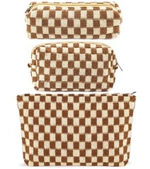 ZLFSRQ 3Pcs Checkered Makeup Bag for Women Large B-Checkered Mix Brown