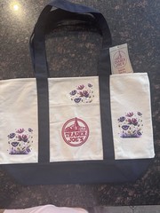 Trader Joe’s Foldable Canvas Reusable Shopping Bag Floral Beige Black Purple