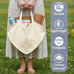 Cute Heart Shaped Canvas Tote Bag for Women, Daily Reusable Shoulder Grocery …