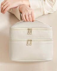 HBlife Double Layer Travel Makeup Bag Portable Cute Leather Large, Beige
