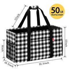 Cube Plaid Extra Large Foldable Utility Tote Grocery Bag Metal Wire Frame