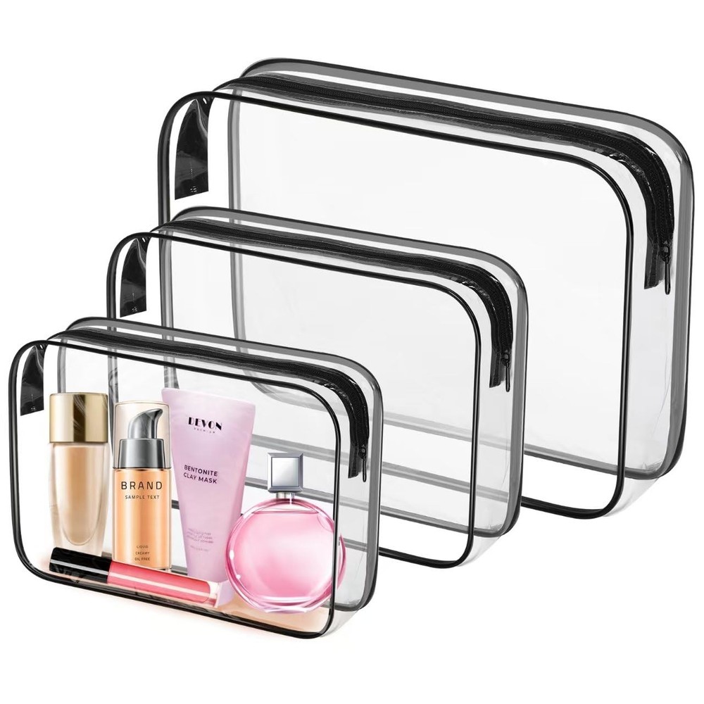 3 Pack Clear Toiletry Bag, TSA Approved 9.8 x 7.4 x 2.3 inches, 3 Black