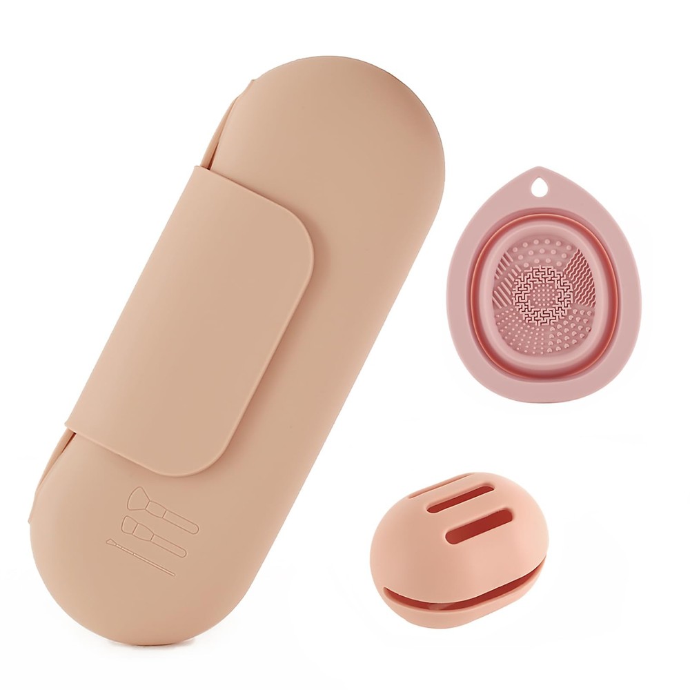 Silicone Makeup Brush Holder Set – Portable Travel khaki