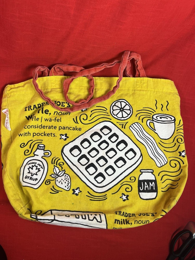 Trader Joe’s Reusable Tote Bag Grocery Shopping Waffle Toast Cotton Yellow Red
