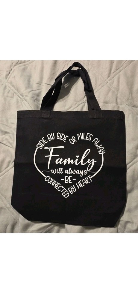 Black Canvas Foldable Reusable Tote Bag ‘Family Connected By Heart’
