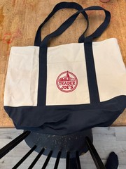 Trader Joe’s Large Canvas Reusable Shopping Bag Beige Navy Blue Foldable Tote