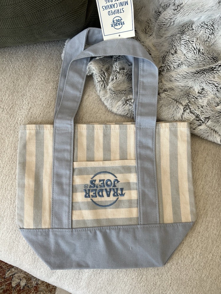 NWT RARE Error Trader Joe’s Blue Striped Mini Canvas Tote Bag – Upside Down Logo