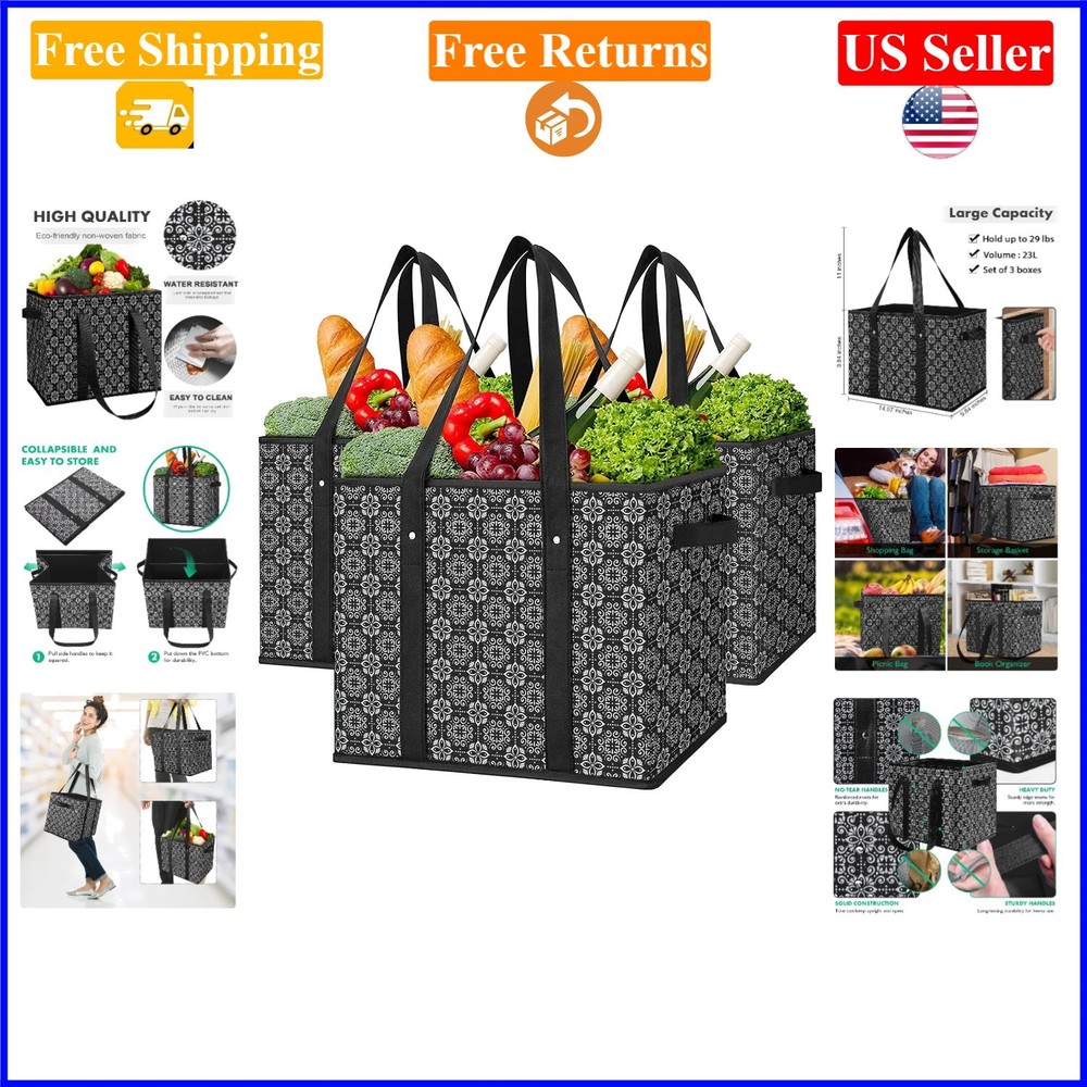 Black 3-Pack Heavy-Duty Reusable Grocery Bags, Foldable & Water-Resistant