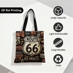 1pc Double-Sided 2D Flat Printing Shopping Tote Bag, Vintage, Route 66