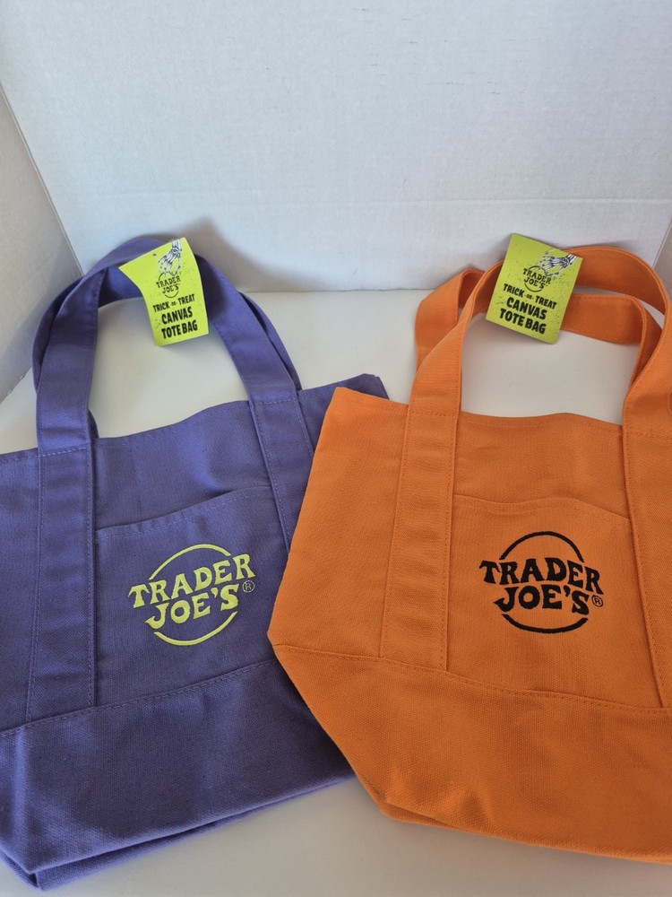 2 NEW Limited LE Trader Joe’s Mini Halloween Canvas Tote Bag Purple & Orange