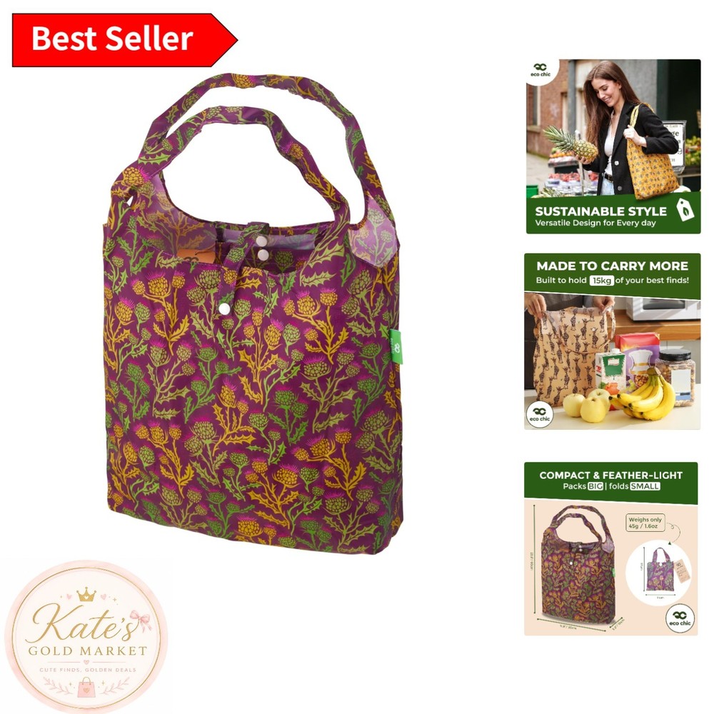Thistle Purple Floral Foldable Reusable Grocery Tote – Eco-Friendly & Waterproof