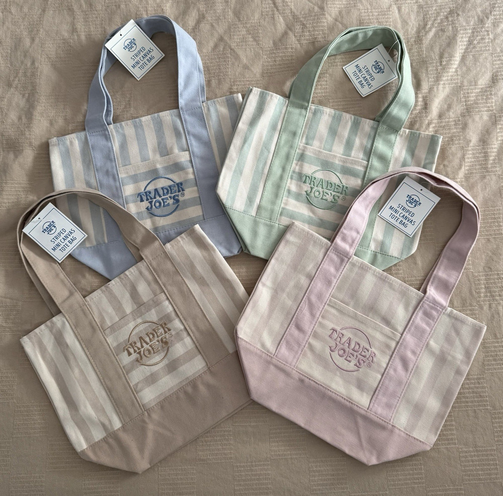 New Set of 4 Trader Joe’s Stripe Mini Totes – Pastel Colors – Limited Edition