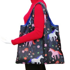 Wrapables Large Reusable Shopping Tote Bag with Outer Pouch, Unicorns