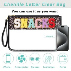YEMEDA Chenille Letter Clear Zipper Pouch for Travel, Nylon D1-Leopard-Snacks