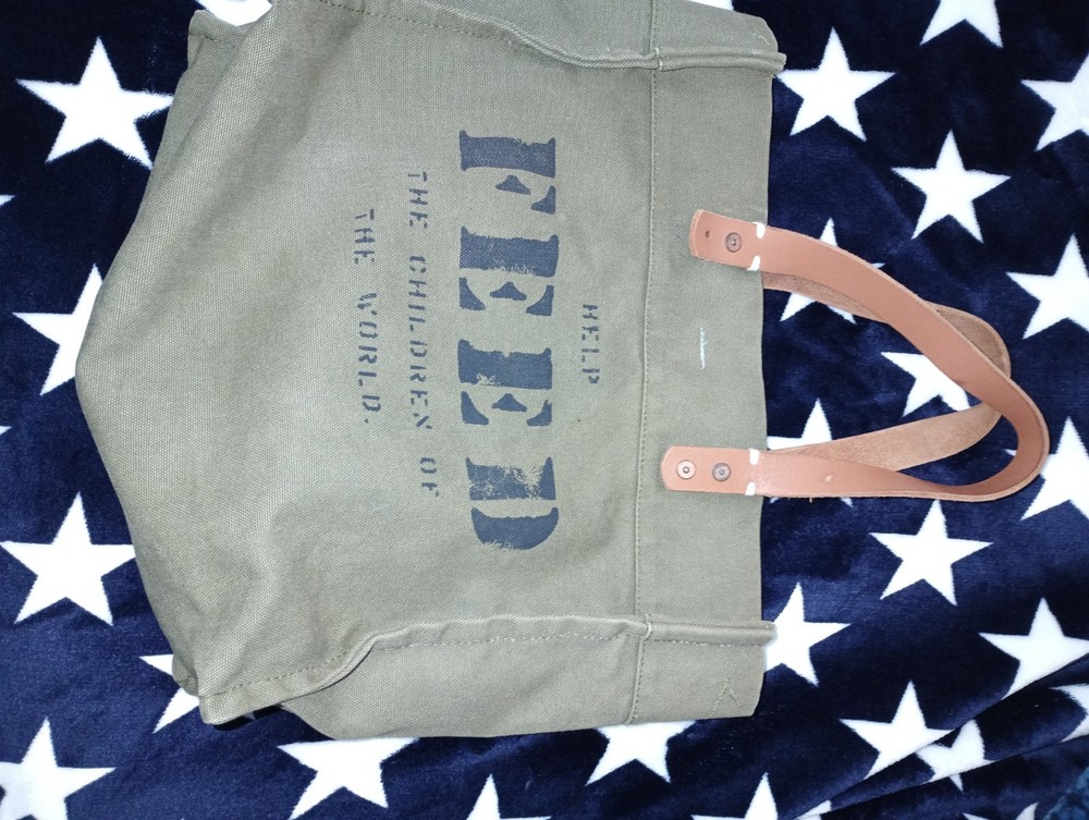 FEED Projects Canvas Tote Bag Olive Green Leather Handles Help Feed The Children