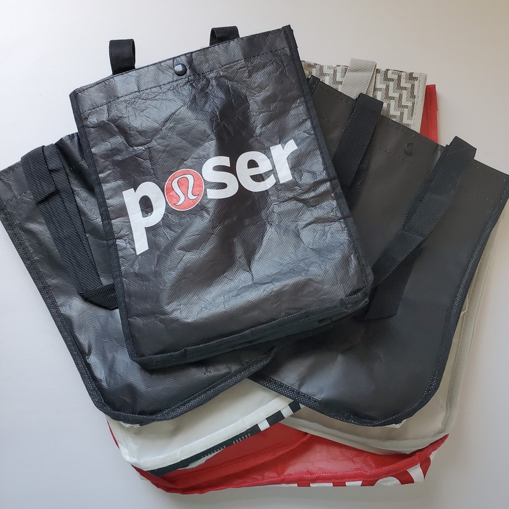 Lot Of 8 Lululemon Shopping Bags Snap Close Red White Black Print Reusable Tote