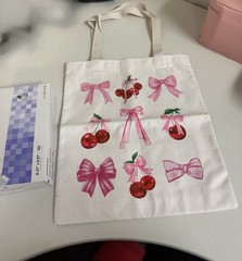 Canvas Foldable Tote Bag with Bow & Cherry Pattern, Medium, White Pink Red Green