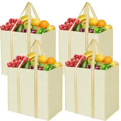 4 PCS Reusable Grocery Shopping Bags Reinforced Bottom Heavy Duty Tote Beige