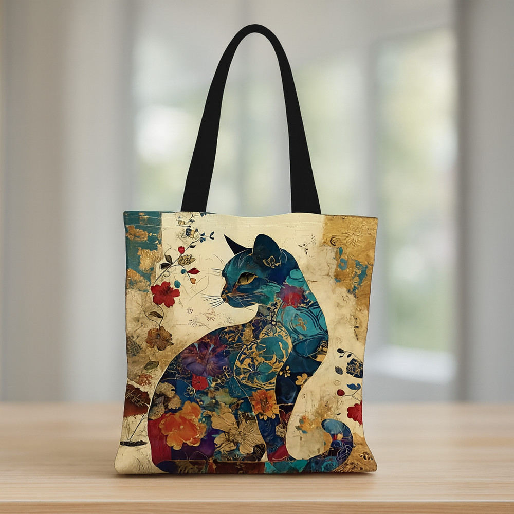 Boho Cat Canvas Tote Bag Reusable Shopping Bag Colorful Floral Cat FREE SHIPPING