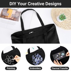 Black Canvas Tote Bag, 3 Packs 16×15 inch Canvas Bags with Zipper, 12Oz Heavy…